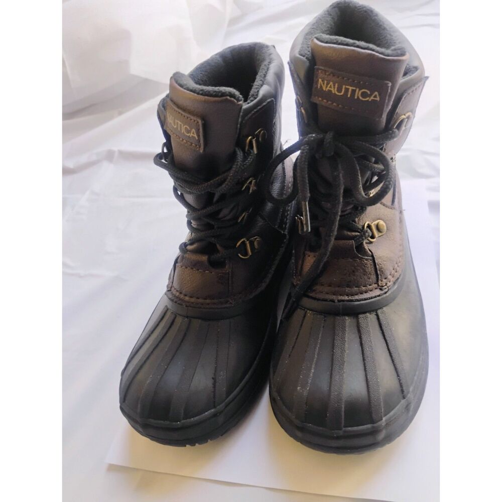 Nautica Big Kids Waterproof Lace-Up Duck Boots Black & Dark Brown Sz 4 Big Kids